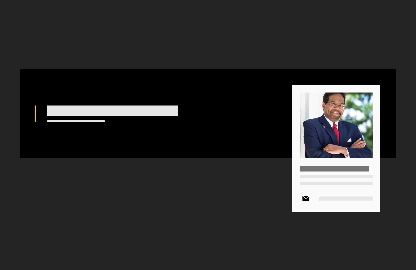 Thumbnail with blocks for person's name and title on left, right contains a card with portrait of a man, office and contact information blocks