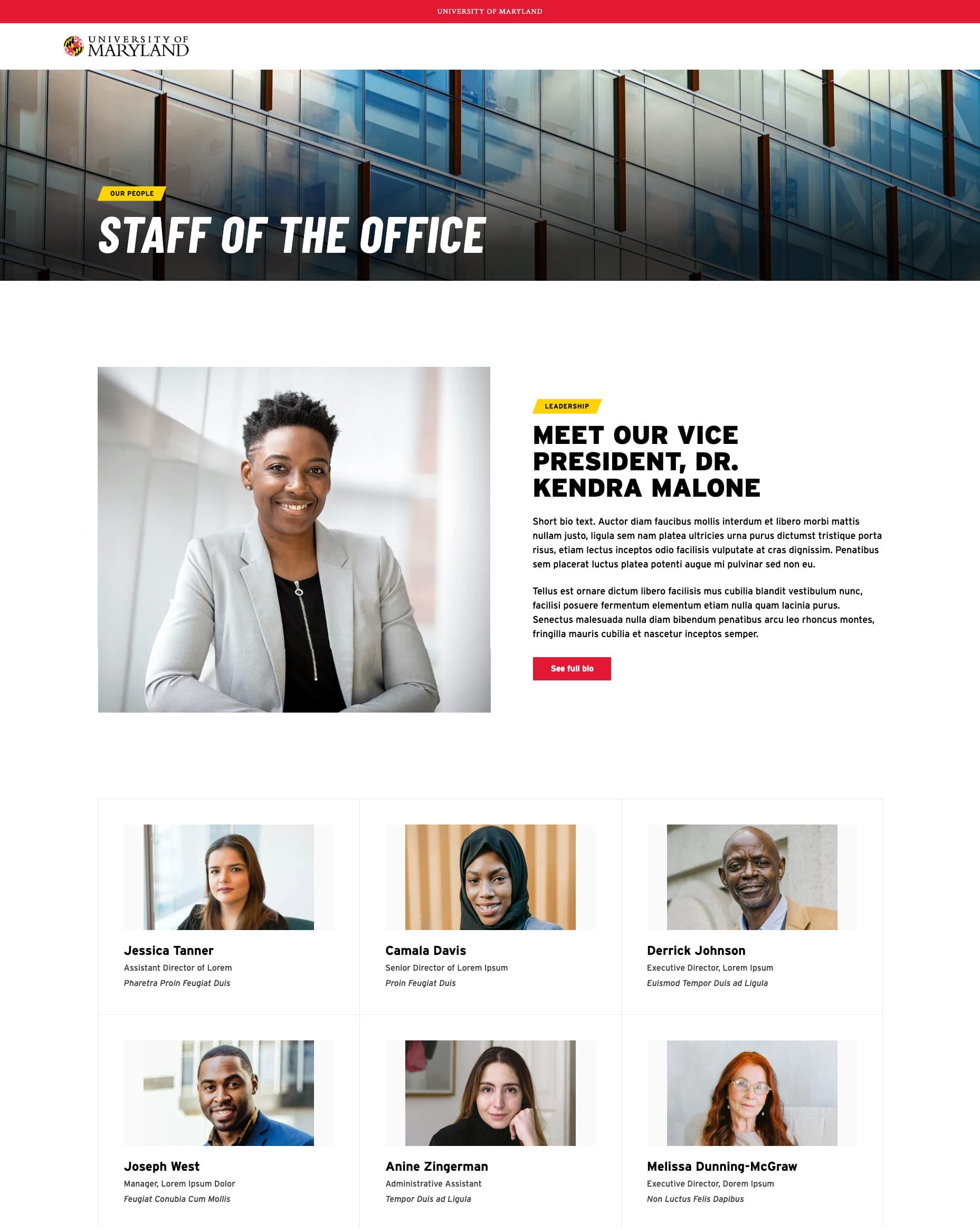 Image of website with a spotlighted person and 6 smaller cards with people, names, titles