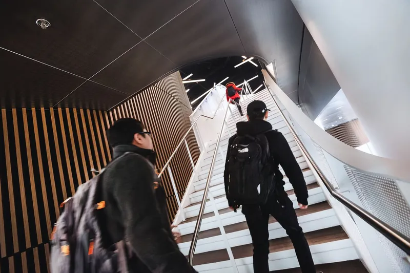 Students going up a staircase