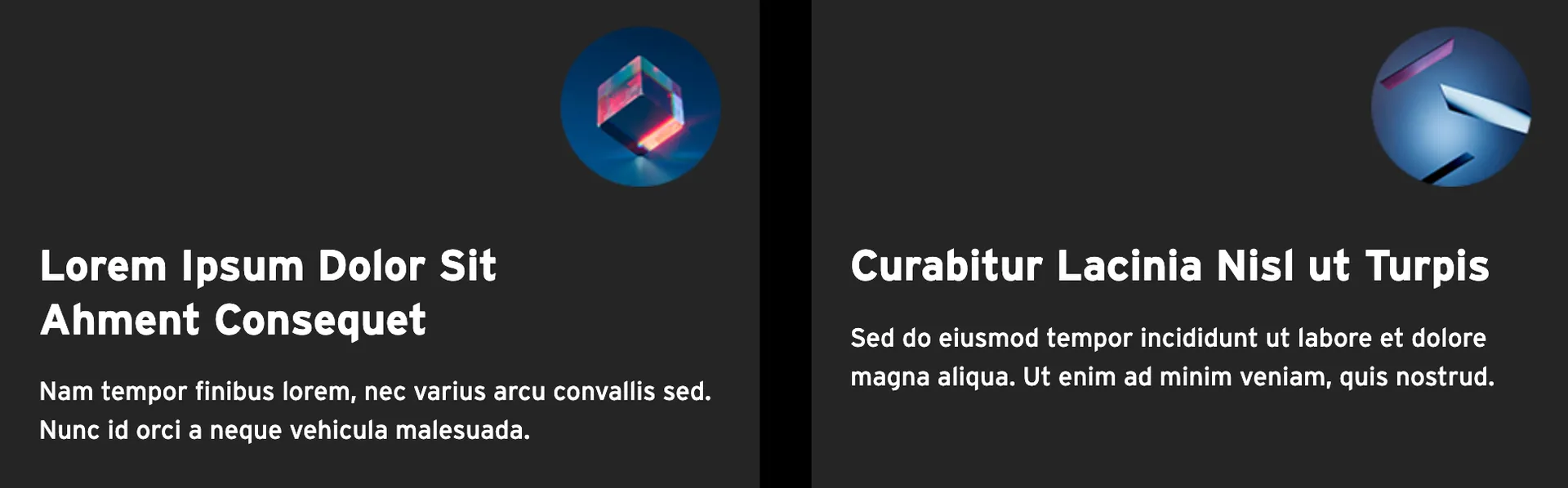Dark theme icon cards with abstract arty photos in graphic area