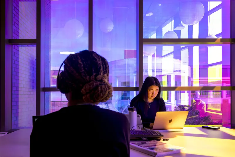 2 people sitting in a modern room with laptops.